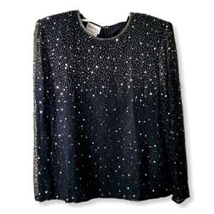 VTG Women Black Tie Bead Sequin Silk Top M Cocktail Party Occasion Event Gala